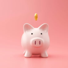 Piggy bank and golden coin on pink background with saving money concept. Financial planning for the future. 3D rendering.