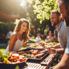 Barbecue cooking friends enjoying the food and company.